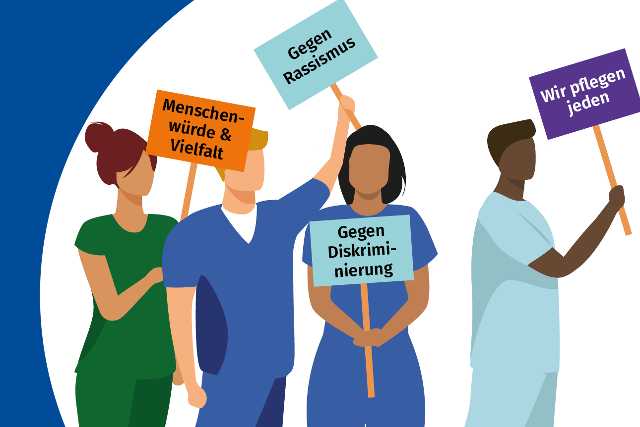4 gezeichnete Figuren mit Plakaten