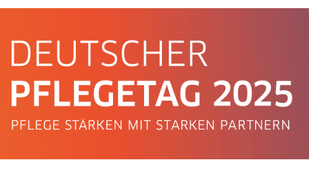 Text vor rötlichem Hintergrund: Deutscher Pflegetag 2025 Pflege stärken mit starken Partnern