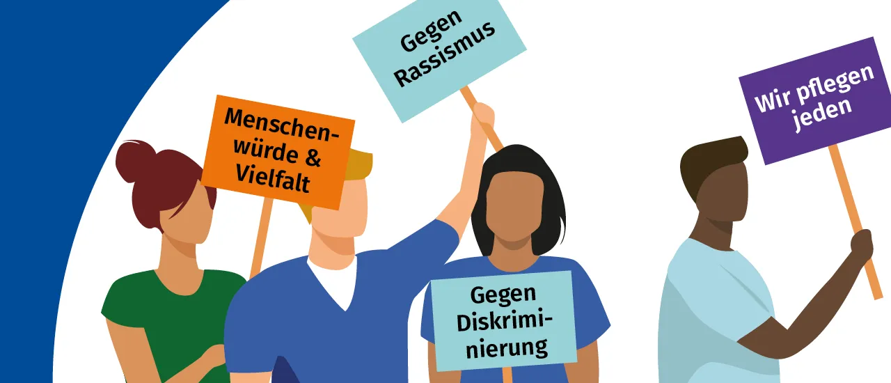 Schematische Personen halten Schilder gegen Rassismus hoch