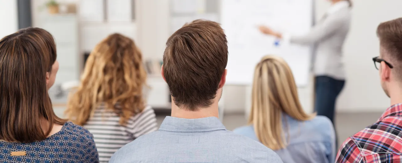 Eine Person an einem Whiteboard mit anderen sitzenden Personen von hinten davor